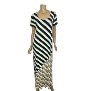 Zenergy by Chico s Maxi Dress Size 1/ M Cap Sleeves Black White Brown Stripes
